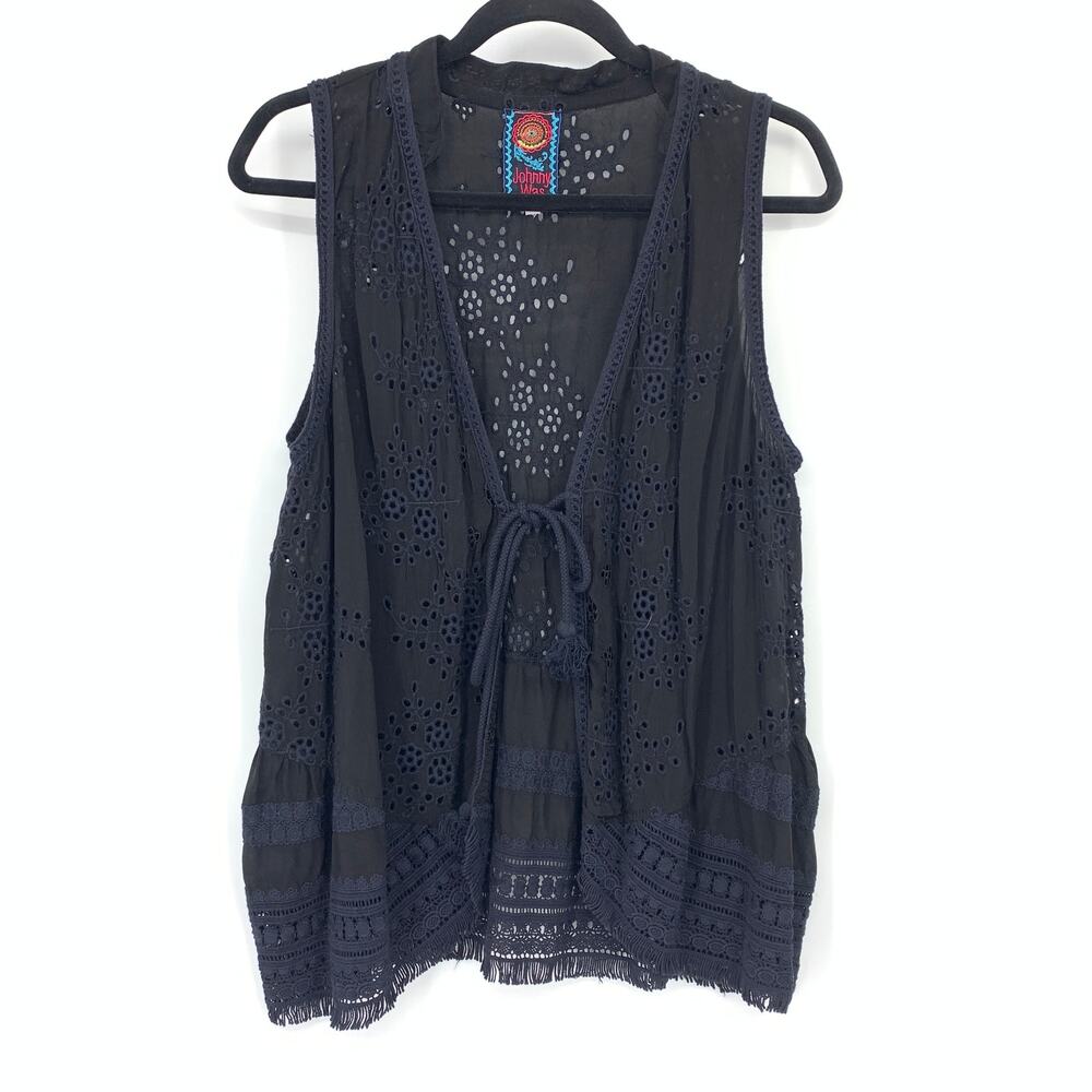 Johnny Was Womens L Black Eyelet Lace Tie Front Vest Sheer Layering Top Boho